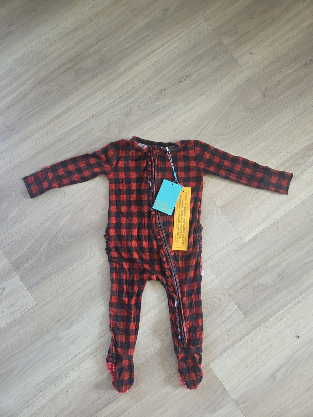 Posh Peanut-Red And Black Plaid Kids One-Piece Footed Pajamas. 9-12 Months, NWT